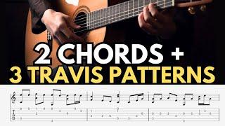 Try these beginner travis picking patterns. Can you play all 3?