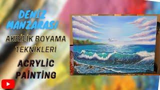 Akrilik boya ile deniz boyama - Easy Acrylic  Painting lessons for beginners- kolay resim yapma