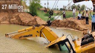 Excavator Fall in Deep Water Rescued by ACE Hydra crane and Komatsu pc 200 and TATA Hitachi Ex 200