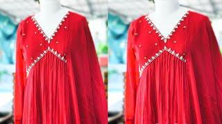 Aliya cut kurti cutting and stitchingV Neck Gathered kurti  Kurti Design Embroidery Kurti Design