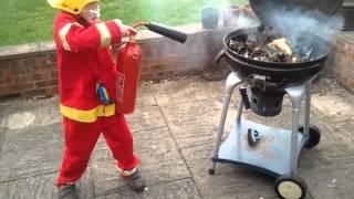 oscar the fireman gives a lesson on fire extinguishers. CO2