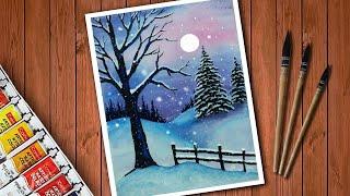 Snowy Winter  Easy Winter Snowfall Painting Tutorial for Beginners  Watercolor Landscape painting