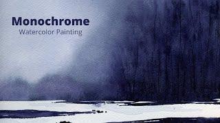 How to paint Monochrome PaintingWinter Landscape in one colorEasy Simple Tutorial겨울 풍경화