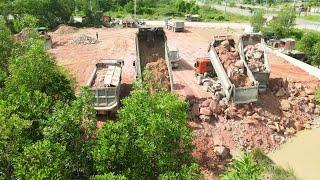 Amazing Unloading Giant Filling Up Project By Technique Of KOMATSU DOZERS TEAMS And Dump Trucks