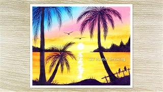 Sunset scenery drawing with Oil Pastels for beginners step by step