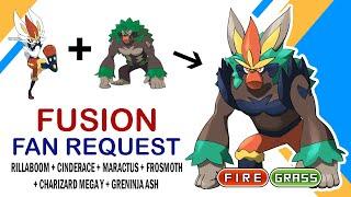 Pokemon Fusion Sprite Rillaboom + Cinderace Maractus + Frosmoth Charizard Mega Y + Greninja Ash