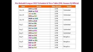 Pro Kabaddi League 2017 Schedule & Time Table PKL Season 5 Official