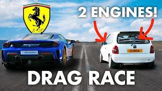 Ferrari 488 Pista v Twin-Engine 1200HP Corsa  DRAG RACE