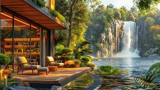 Happy Morning Summer Coffee Porch by Waterfall with Elegant Piano Jazz Music to Unwind