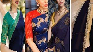 Navy Blue Saree with Contrast Blouse #new #fashion #design #ideas