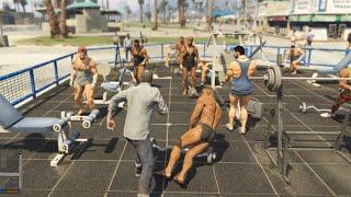 Gta5 Trevor beating up body builders at muscle beach