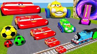 FAT CAR vs LONG CARS with Big & Small Wide Lightning Mcqueen vs Thomas Trains - BeamNG.Drive