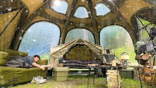 Camping with Brand New Inflatable Tent in the Rain. with Land Rover Defender. Cozy & Relaxing ASMR