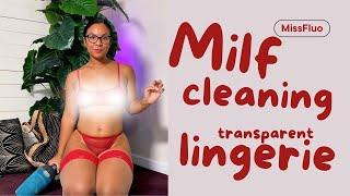 How to clean a couch 4K TRANSPARENT Lingerie  MILF Natural Curvy Body