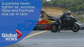 Superbike wins race against fighter jet aircraft Tesla and Formula one car