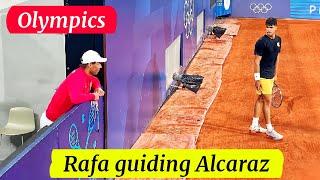 Rafael Nadal watching Carlos Alcaraz during his First Practice at Olympics in Roland Garros