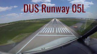 Dusseldorf airport Germany Approach and landing on runway 05L. DUSEDDL. Airbus cockpit view. 4k.