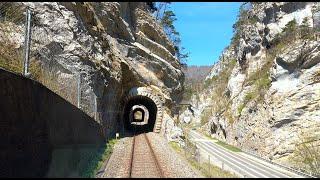  4K Tilt train Biel - Moutier - Delémont cab ride through Switzerlands Jura mountains 04.2021