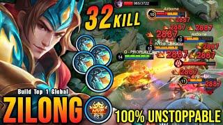 32 Kills No Death Zilong MVP 18.7 Points 100% UNSTOPPABLE - Build Top 1 Global Zilong  MLBB