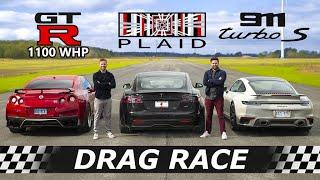 Tesla Model S Plaid vs 911 Turbo S vs 1100 WHP Nissan GTR  DRAG & ROLL RACE