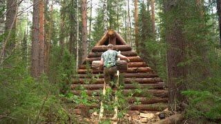 IM BUILDING A BIG AND WARM LOG CABIN. LOG WALL. 4 DAYS IN THE FOREST ALONE.