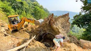 Epic Struggle-JCB Backhoe vs Massive Sal Tree Root on Mountain Road