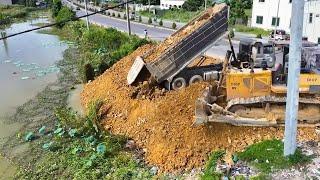 The Best Bulldoze D60P Working Processing Filling Up Land Making​ Apartment Dump Truck Unloading