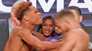 ANGRY DEVIN HANEY PUSHES VASYL LOMACHENKO AT WEIGH IN FACE OFF • HANEY LOMACHENKO WEIGH IN VIDEO