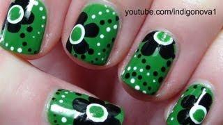 Green and Black Flowers Nail Art Tutorial