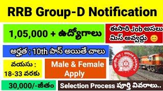 RRB Group -D Notification Release   105000 + Posts  అర్హత 10th Pass  Selection Process 