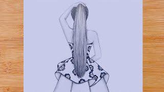 How to draw a girl with long hair backside - step by step  Pencil Sketch for beginners