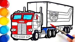 How-to-draw and color TRANSFORMERS OPTIMUS PRIME Trailer Truck . Learn Colors  Bonbon Toy Art