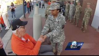 Clemson cadet thanks WWII veteran cries at his response