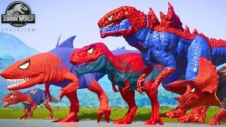 ALL RED SPIDERMAN TEAM 2 Battle in Jurassic World SuperHero Spider-man Dinosaurs