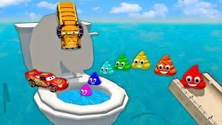 Mega Rainbow Poop Emoji Jump in Toilet Transform to McQueen And Huge & Tiny PIXAR CARS BeamNG.Drive