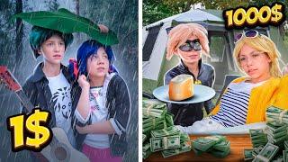 Camping for $1 vs $1000 Ladybug with Luka with tents vs Chloe and Adrien