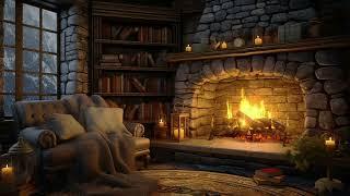 Cozy Reading Ambience with Smooth Jazz  Snowfall Fireplace Sounds for Sleeping 