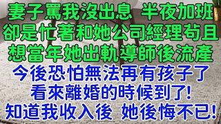 妻子罵我沒出息後，半夜加班，卻是忙著和她公司經理茍且，可她今後恐怕無法再有孩子了啊。看來離婚的時候到了！直到知道我收入後，她後悔不已！