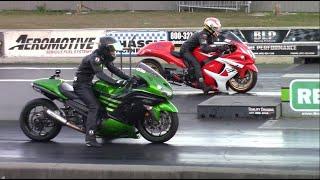 Kawasaki Ninja ZX-14R vs Suzuki Hayabusas - 14 Mile Drag Races