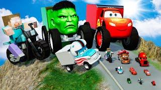 Epic Battle Big & Small Minecraft Creeper on a motorcycle vs Hulk Truck and Lightning McQueen