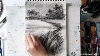 Charcoal sketch. Пейзаж углем