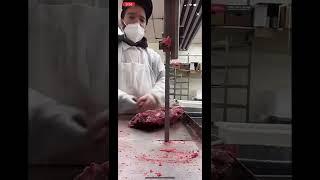 Worker cuts finger cutting meat 