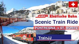 4K RhB Pontresina to St. Moritz Train Ride in the snow  Bernina Express route Switzerland