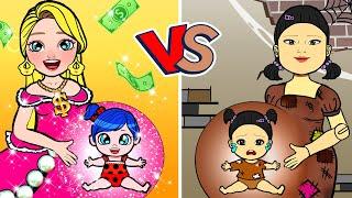 Học Làm Búp Bê Giấy - Rapunzel và Squid Game Trang Trí Váy Bầu Giàu Nghèo - Câu Chuyện Của Barbie