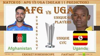 AFG v UGA Dream11  Numerology Prediction AFG v UGA  AFG v UGA Match 5  T20WC24