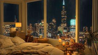 4K Cozy Bedroom in Chicago City Night - Relaxing Jazz Music for Sleep Study Focus Work