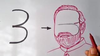 3 Number turns into Narendra Modi Drawing  Easy Narendra Modi Drawing