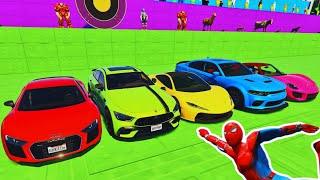 COLORFUL SUPER CARS AND SPIDER-MANS MEGA RAMP THRILLS ️  GTA V