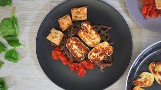 Fried Halloumi Recipe with Caramelised Red Onion and Lentils - 20 Minute Meal