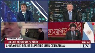 Milei en Madrid premios crítica de Sánchez y polémica. Eduardo Feinmann con Pablo Rossi